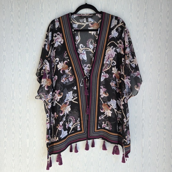 White House Black Market Other - White House Black Market Kimono L XL Black Sheer Chiffon Tasseled Lagenlook Boho